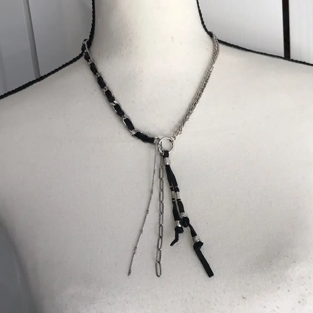 Free People Silver Tone and Black Leather Striped Necklace